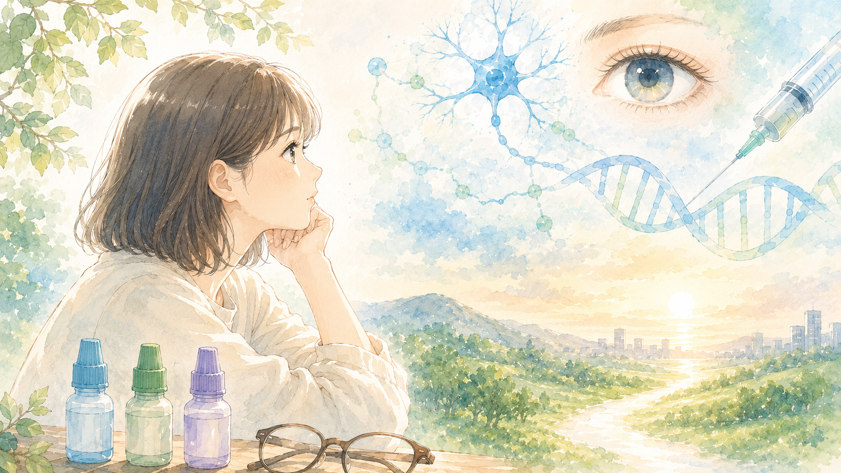 点眼液３本を横に置いて最新治療を想う作者
